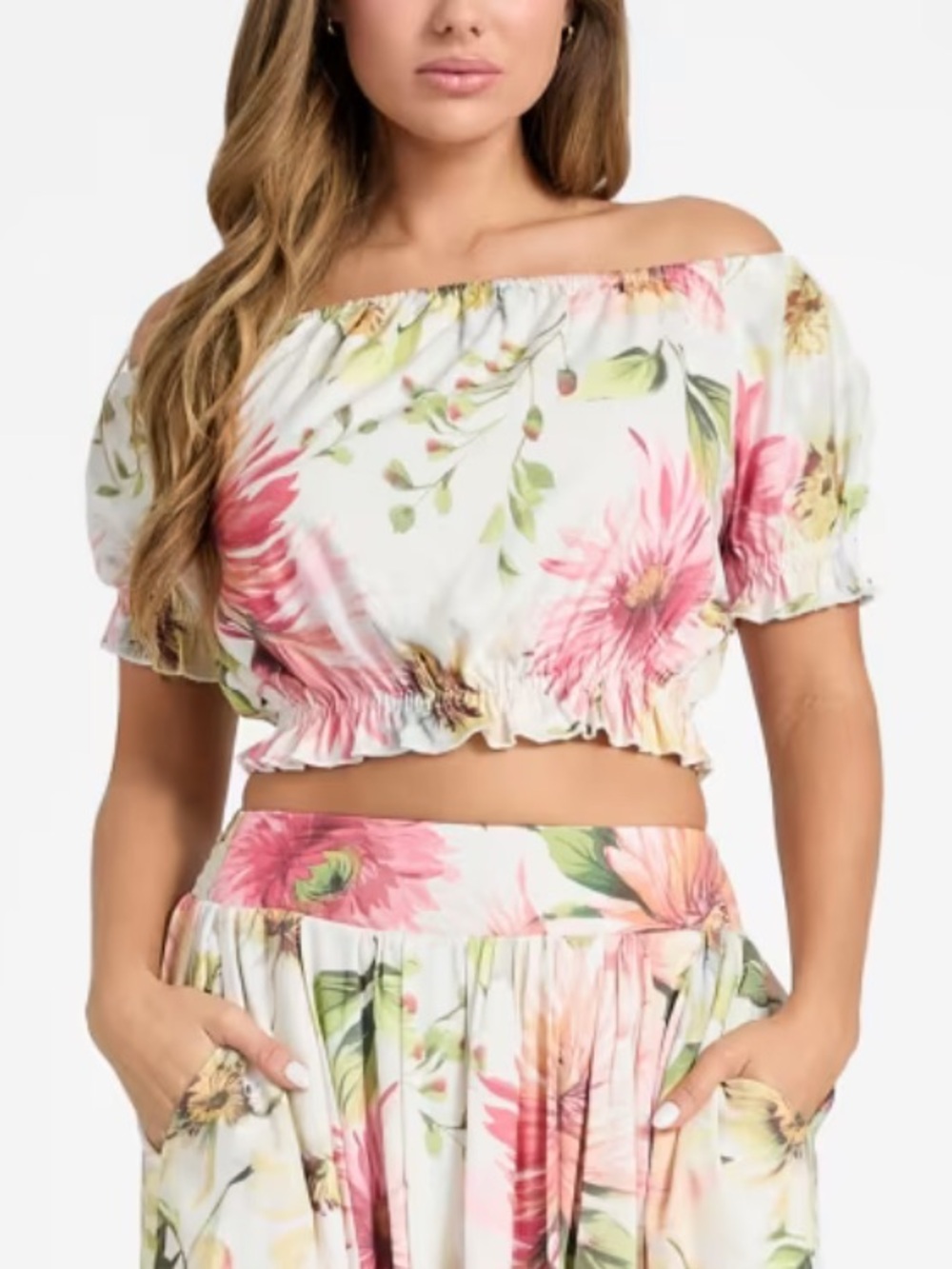 Guess Elodie Off-the-Shoulder Floral Puff Sleeve Crop Top Coquette Girl